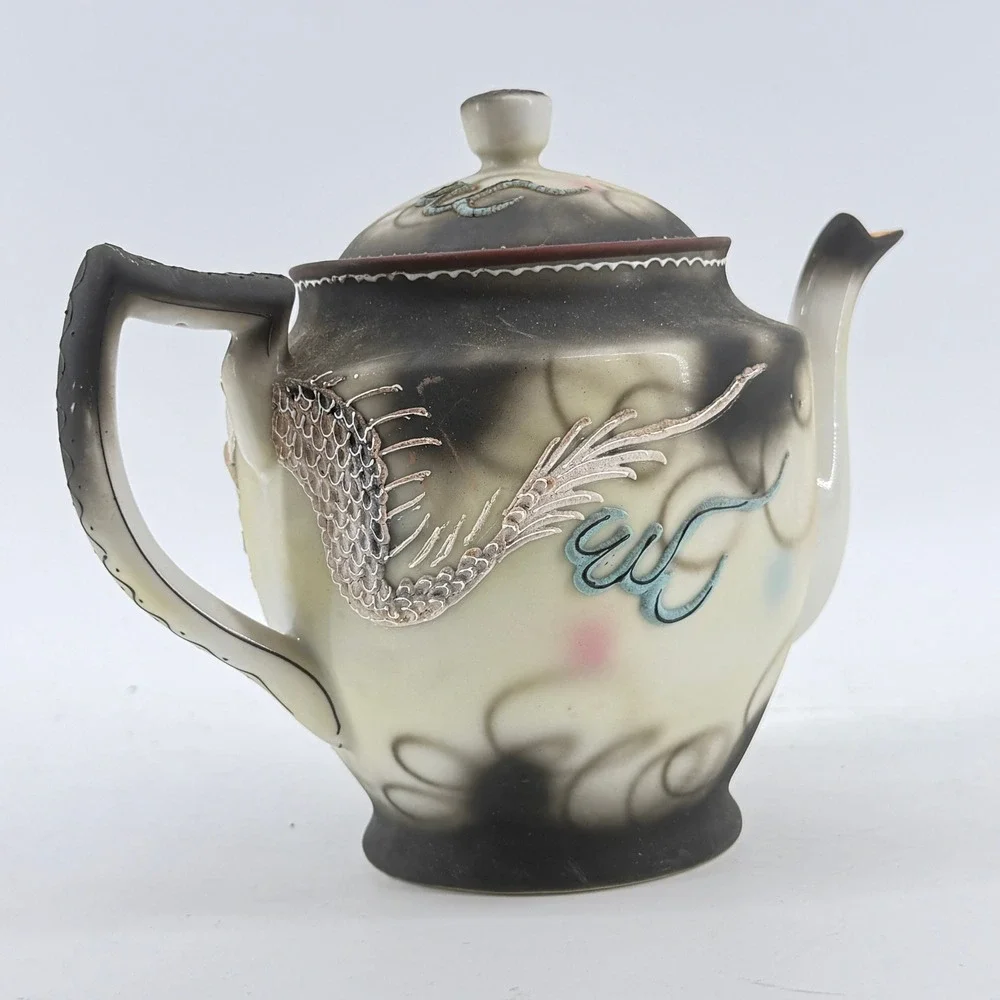 Moriage Dragon Teapot Raised Texture Decor Japan VTG Porcelain Large Black Cream